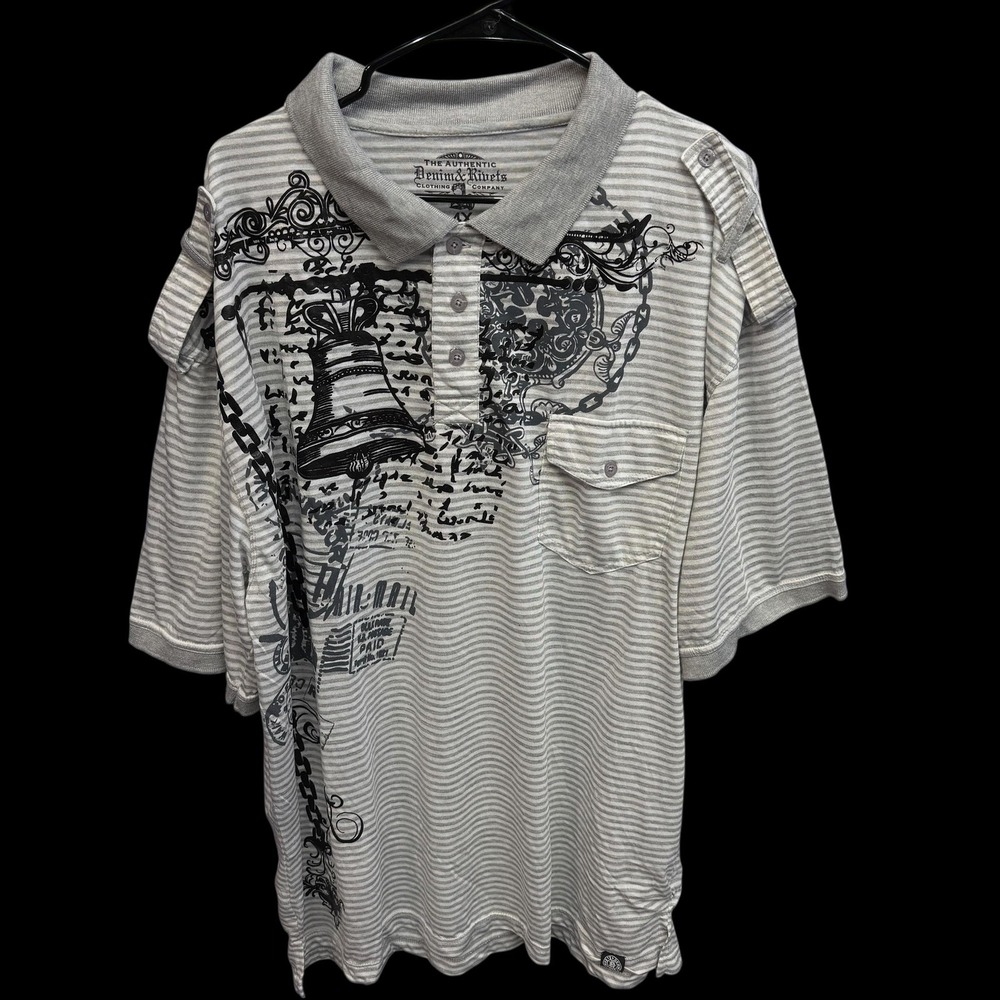 Denim & Rivets Polo Shirt Mens 4XL Gray White Stripe Liberty Bell Graphic